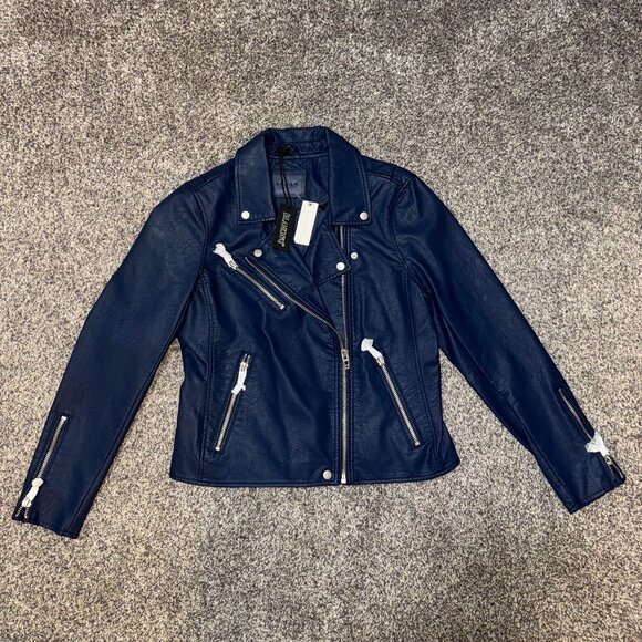 Anthropologie x Blank NYC Saige Faux-Leather Moto Jacket in Navy - Picture 1 of 8